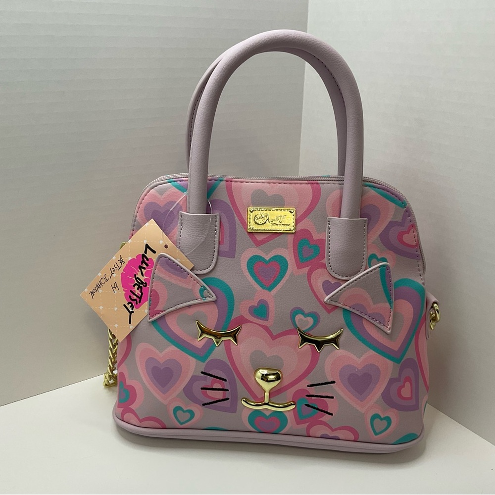 Luv Betsey Johnson Cat Face W Multi C Hearts  Crossbody Purse LBLINI - Picture 5 of 5
